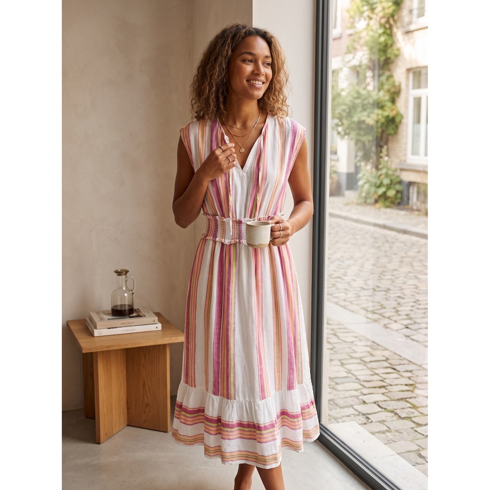 Boho Rails Ashlyn Hibiscus Stripe Linen Blend Smocked Midi Dress Small Pink